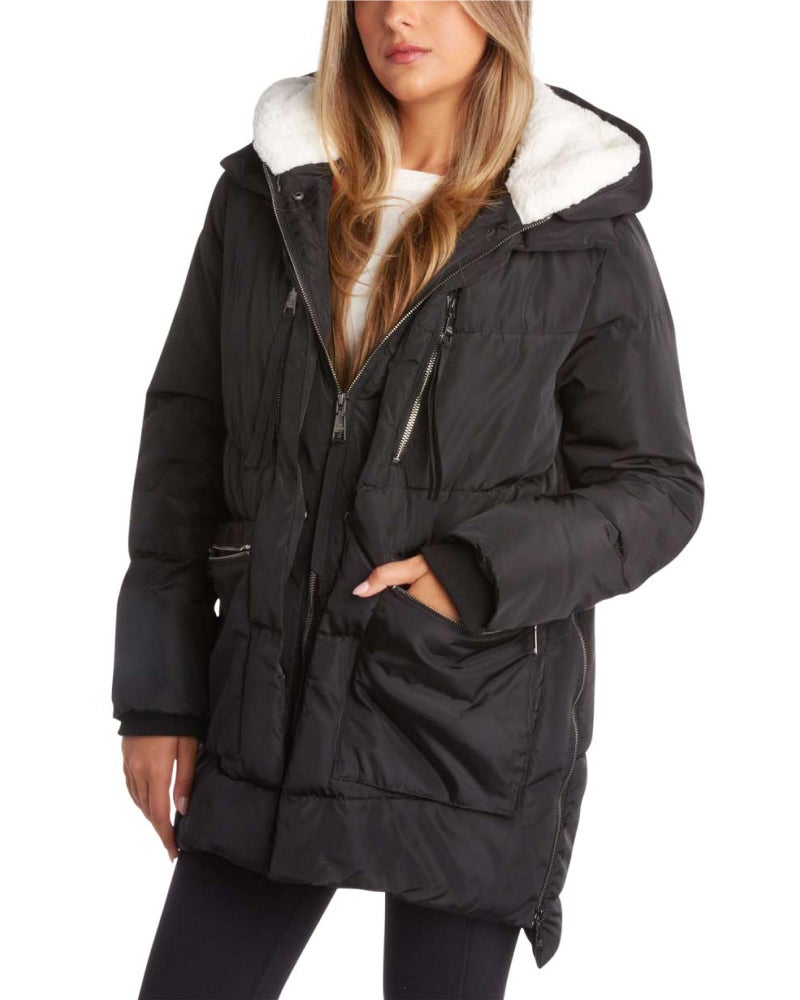 Steve Madden womens Steve Madden Women's Puffer Parka Jacket Down Alternative Coat, Black Two, Large US - Image 1